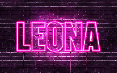 Leona, 4k, adları Leona adı ile, Bayan isimleri, Leona adı, mor neon ışıkları, yatay metin, resim ile duvar kağıtları