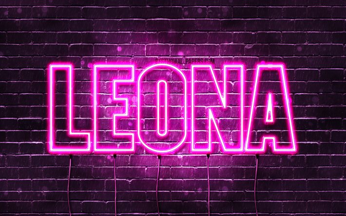 Leona, 4k, des fonds d&#39;&#233;cran avec des noms, des noms f&#233;minins, Leona nom, de violet, de n&#233;ons, le texte horizontal, image avec Leona nom
