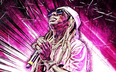 4k, Lil Wayne, grunge konst, amerikansk s&#229;ngerska, lila abstrakt str&#229;lar, musik stj&#228;rnor, amerikansk k&#228;ndis, kreativa, Dwayne Michael Carter, fan art, Lil Wayne 4K