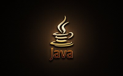 Java glitter logo, programming language, grid metal background, Java, creative, programming language signs, Java logo