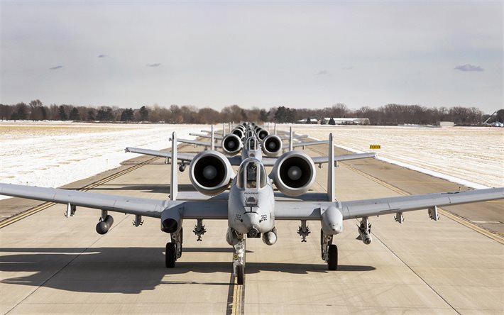 フ共和国A-10サンダーボルトII, A-10, アメリカ攻撃機, 飛行場, 冬, 米空軍, 軍用機, 米国