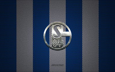 FC Schalke 04 logo, German football club, metal emblem, blue and white metal mesh background, FC Schalke 04, Bundesliga, Gelsenkirchen, Germany, football
