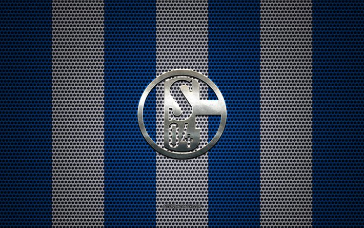 fc schalke 04-logo, deutscher fu&#223;ball-club, metall-emblem, blauen und wei&#223;en metall mesh-hintergrund, fc schalke 04, fu&#223;ball-bundesliga, gelsenkirchen, deutschland, fu&#223;ball