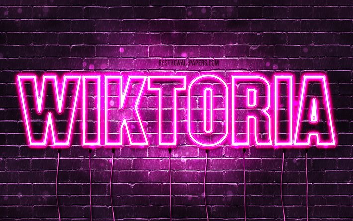 Wiktoria, 4k, wallpapers with names, female names, Wiktoria name, purple neon lights, Happy Birthday Wiktoria, popular polish female names, picture with Wiktoria name