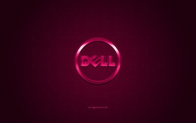Dell yuvarlak logo, bordo karbon arka plan, Dell yuvarlak metal logo, Dell bordo amblem, Dell, bordo karbon doku, Dell logosu