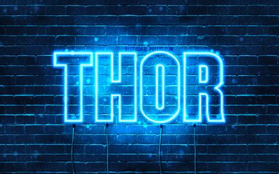 Thor, 4k, bakgrundsbilder med namn, Thor namn, bl&#229; neonljus, Grattis p&#229; f&#246;delsedagen Thor, popul&#228;ra danska manliga namn, bild med Thor namn
