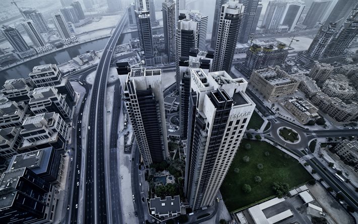 Dubai, skyscrapers, view from height, Dubai cloudy weather, Dubai city interchange, UAE