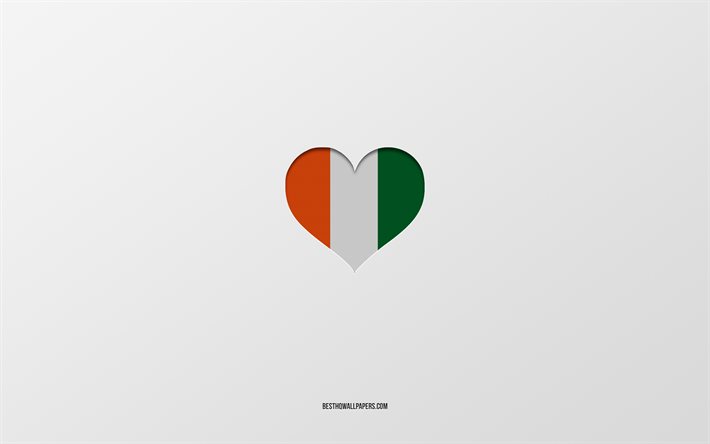 I Love Cote dIvoire, &#193;frica pa&#237;ses, Costa do Marfim, fundo cinza, cora&#231;&#227;o da bandeira da Costa da Marfim, pa&#237;s favorito, Amor Costa da Marfim