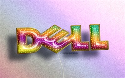 4K, logotipo da Dell, bal&#245;es realistas coloridos, marcas, fundos coloridos, logotipo 3D da Dell, criativo, Dell