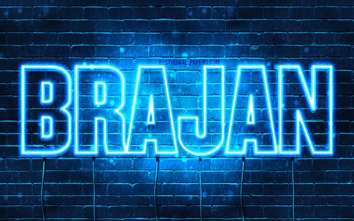 Brajan, 4k, fonds d&#39;&#233;cran avec des noms, nom Brajan, n&#233;ons bleus, joyeux anniversaire Brajan, noms masculins polonais populaires, photo avec le nom Brajan