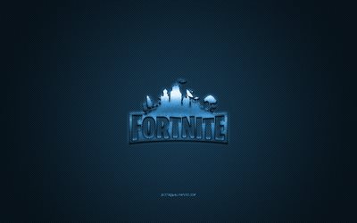 Fortnite, jogo popular, logotipo Fortnite azul, fundo azul de fibra de carbono, logotipo Fortnite, emblema Fortnite