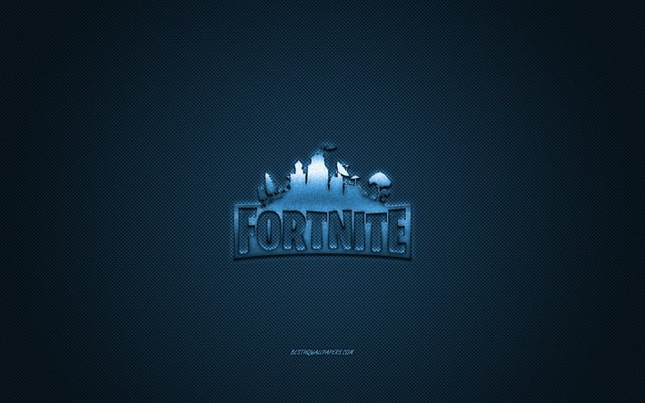 Fortnite, gioco popolare, logo blu Fortnite, sfondo blu in fibra di carbonio, logo Fortnite, emblema Fortnite