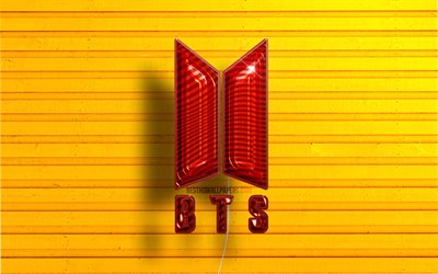 Logo BTS, 4K, ballons r&#233;alistes rouges, Bangtan Boys, logo BTS 3D, fonds en bois jaune, logo Bangtan Boys, BTS