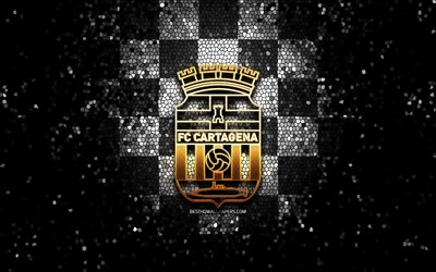 FC Cartagena, parlak logo, La Liga 2, siyah beyaz damalı arka plan, Segunda, futbol, İspanyol futbol kul&#252;b&#252;, FC Cartagena logosu, mozaik sanatı, LaLiga 2, Cartagena FC