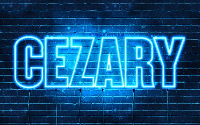 Cezary, 4k, bakgrundsbilder med namn, Cezary-namn, bl&#229; neonljus, Grattis p&#229; f&#246;delsedagen Cezary, popul&#228;ra polska manliga namn, bild med Cezary-namn