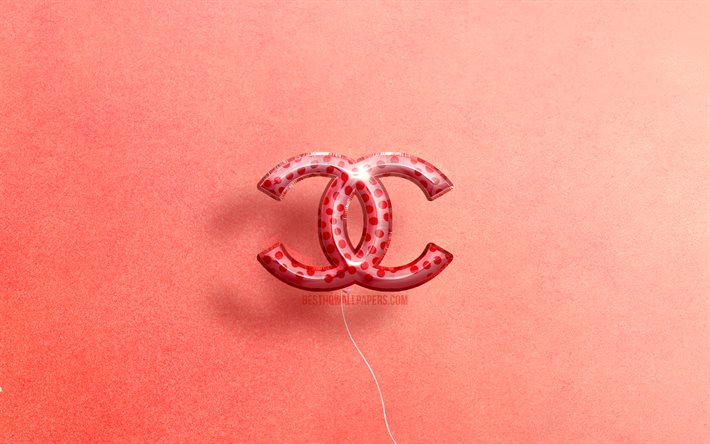 4K, logo Chanel 3D, grafica, marchi di moda, palloncini rosa realistici, logo Chanel, sfondi rosa, Chanel