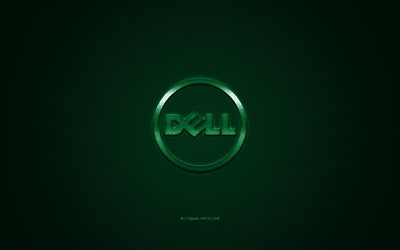 Dell yuvarlak logo, yeşil karbon arka plan, Dell yuvarlak metal logo, Dell yeşil amblem, Dell, yeşil karbon doku, Dell logosu