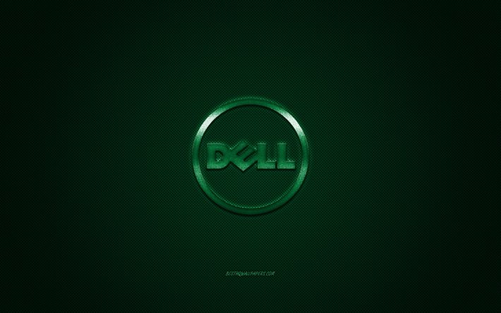 Logo rond Dell, fond carbone vert, logo m&#233;tal rond Dell, embl&#232;me vert Dell, Dell, texture carbone vert, logo Dell