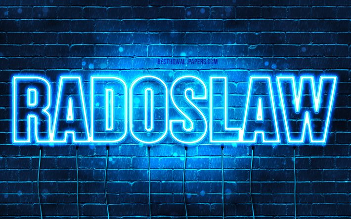 Radoslaw, 4k, wallpapers with names, Radoslaw name, blue neon lights, Happy Birthday Radoslaw, popular polish male names, picture with Radoslaw name