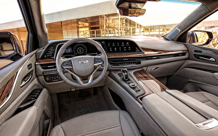 2021, Cadillac Escalade, 4k, interior, vista interna, painel do Escalade, novo interior do Escalade, carros americanos, Cadillac
