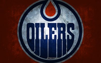 edmonton oilers, kanadische eishockeymannschaft, orange steinhintergrund, edmonton oilers-logo, grunge-kunst, nhl, hockey, kanada, usa, edmonton oilers-emblem