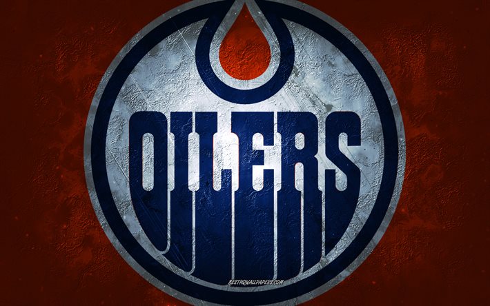 Edmonton Oilers, &#233;quipe canadienne de hockey, fond de pierre orange, logo des Oilers d&#39;Edmonton, art grunge, LNH, hockey, Canada, USA, embl&#232;me des Oilers d&#39;Edmonton