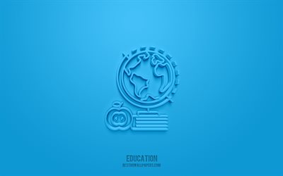 Education 3d icon, blue background, 3d symbols, Education, Globe icons, 3d icons, Education sign, Globe 3d icons