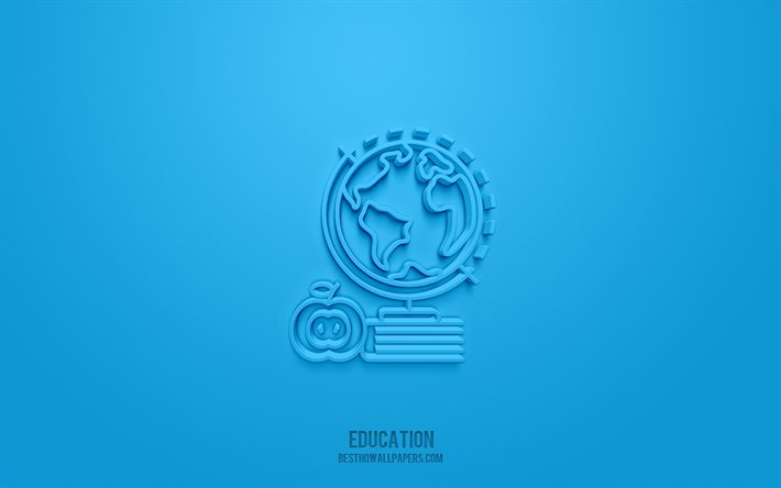 Icona 3d di educazione, sfondo blu, simboli 3d, istruzione, icone del globo, icone 3d, segno di educazione, icone del globo 3d