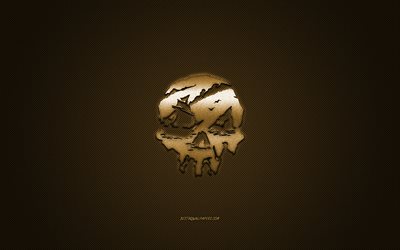 Sea of Thieves, popular game, Sea of Thieves gold logo, gold carbon fiber background, Sea of Thieves logo, Sea of Thieves emblem