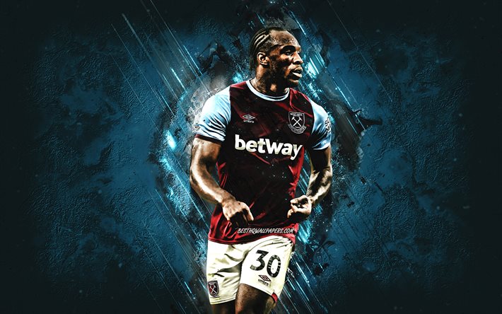 Michail Antonio, West Ham United FC, English footballer, midfielder, blue stone background, football, Premier League, England
