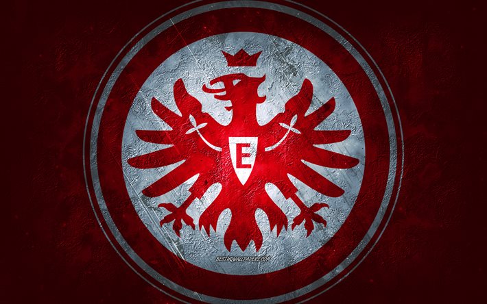 Eintracht Francfort, club de football allemand, fond de pierre rouge, logo de l&#39;Eintracht Francfort, art grunge, Bundesliga, football, Allemagne, embl&#232;me de l&#39;Eintracht Francfort