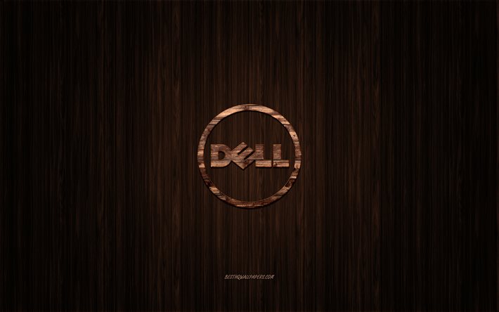 Logo Dell, sfondo in legno marrone, logo Dell in legno, Dell, arte creativa, emblema Dell