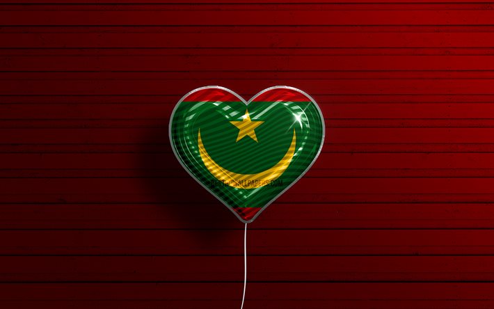 Jag &#228;lskar mauretansk, 4k, realistiska ballonger, r&#246;d tr&#228;bakgrund, afrikanska l&#228;nder, mauretansk flagghj&#228;rta, favoritl&#228;nder, Mauretaniens flagga, ballong med flagga, mauretansk flagga, Mauretanien, k&#228;rlek Mauretanien