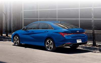 Hyundai Elantra, 2021, n&#228;kym&#228; takaa, ulkopuoli, uusi sininen Elantra, sininen sedan, korealaiset autot, Hyundai