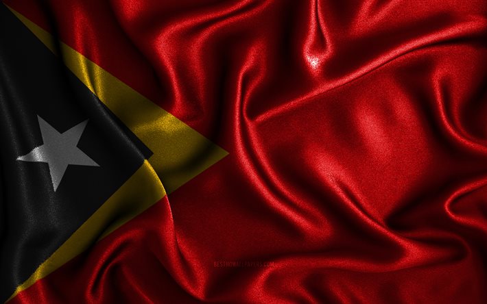 Bandiera Timor Est, 4k, bandiere ondulate di seta, paesi asiatici, simboli nazionali, Bandiera di Timor Est, bandiere in tessuto, arte 3D, Timor Est, Asia, Bandiera 3D Timor Est