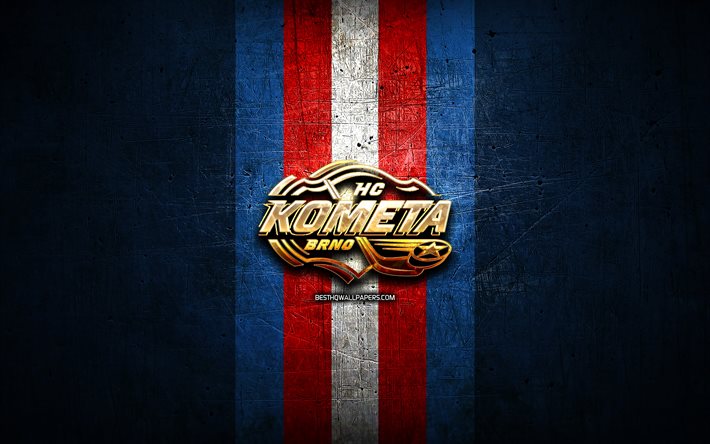 HC Kometa Brno, logotipo dourado, Extraliga, fundo de metal azul, time de h&#243;quei checo, liga de h&#243;quei checa, logotipo Kometa Brno, h&#243;quei, Kometa Brno