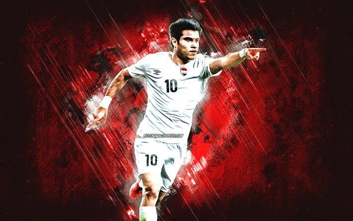 Mohammed Dawood Yaseen, Iraqi football player, Iraq national football team, portrait, red stone background, Iraq, football