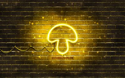 Mushroom neon icon, 4k, yellow background, neon symbols, Mushroom, creative, neon icons, Mushroom sign, food signs, Mushroom icon, food icons