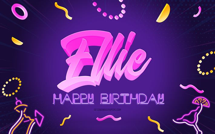 Grattis p&#229; f&#246;delsedagen Ellie, 4k, Purple Party Background, Ellie, kreativ konst, Grattis p&#229; Ellies f&#246;delsedag, Ellies namn, Ellie Birthday, Birthday Party Background