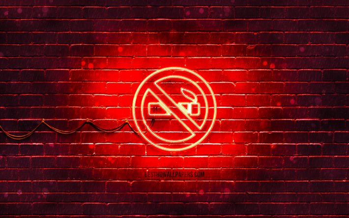 رمز النيون ممنوع التدخين, 4 ك, خلفية حمراء, رموز النيون, ممنوع التدخين, أيقونات النيون, إشارات التحذير, رموز التحذير