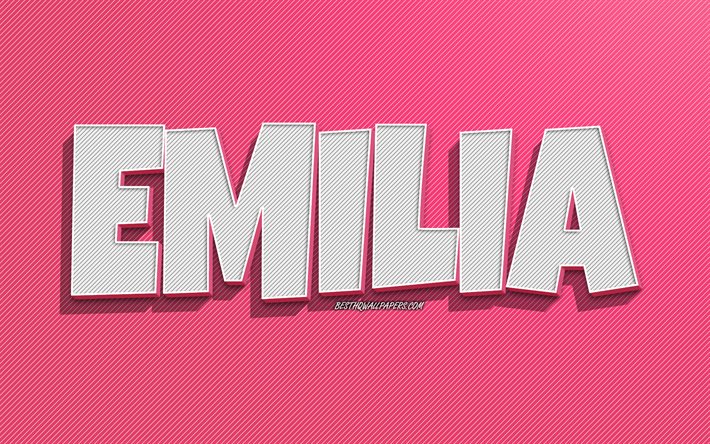 エミリア, ピンクの線の背景, 名前の壁紙, エミリアの名前, 女性の名前, エミリアグリーティングカード, 線画, エミリアの名前の写真