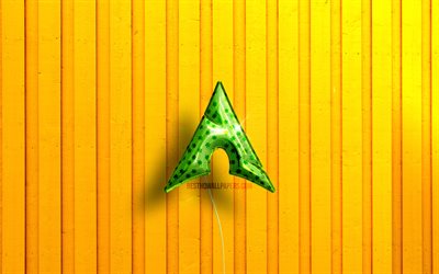 Manjaro 3D logosu, 4K, yeşil ger&#231;ek&#231;i balonlar, sarı ahşap arka planlar, Linux, Manjaro logosu, Manjaro