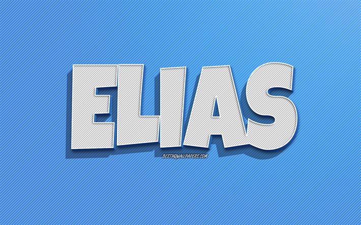 Elias, sfondo a righe blu, sfondi con nomi, nome Elias, nomi maschili, biglietto di auguri Elias, disegni al tratto, foto con nome Elias