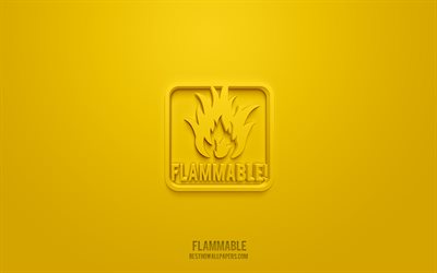 Flammable 3d icon, yellow background, 3d symbols, Flammable, Warning icons, 3d icons, Flammable sign, Warning 3d icons, yellow warning signs