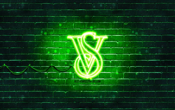 Logo verde Victorias Secret, 4k, muro di mattoni verde, logo Victorias Secret, marchi di moda, logo neon Victorias Secret, Victorias Secret