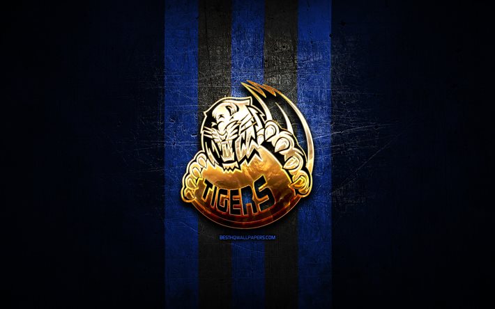 straubing tigers, goldenes logo, del, blauer metallhintergrund, deutsche eishockeymannschaft, deutsche eishockey liga, deutsche eishockeyliga, straubing tigers logo, hockey