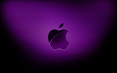 4k, Apple menekşe logosu, mor ızgara arka planları, markalar, Apple logosu, grunge sanatı, Apple