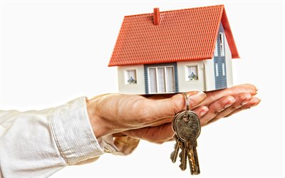 不動産を買う, 家を買う, 不動産の概念, 手に小さな家, 家の鍵の譲渡