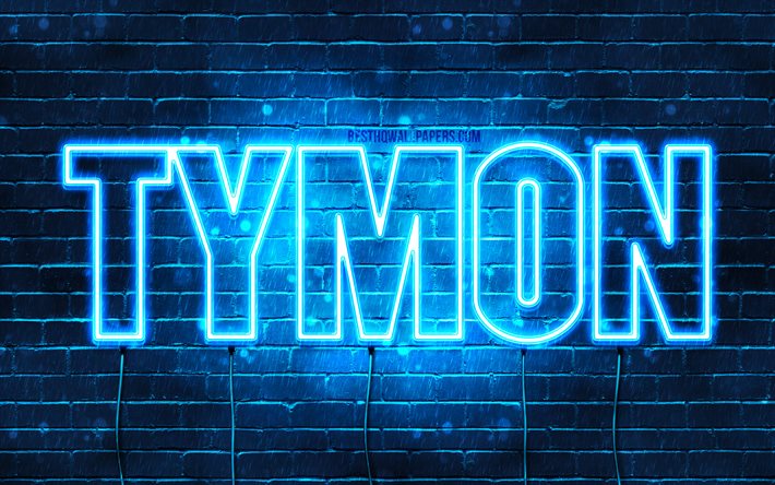 Tymon, 4k, fonds d&#39;&#233;cran avec des noms, nom Tymon, n&#233;ons bleus, joyeux anniversaire Tymon, noms masculins polonais populaires, photo avec le nom Tymon