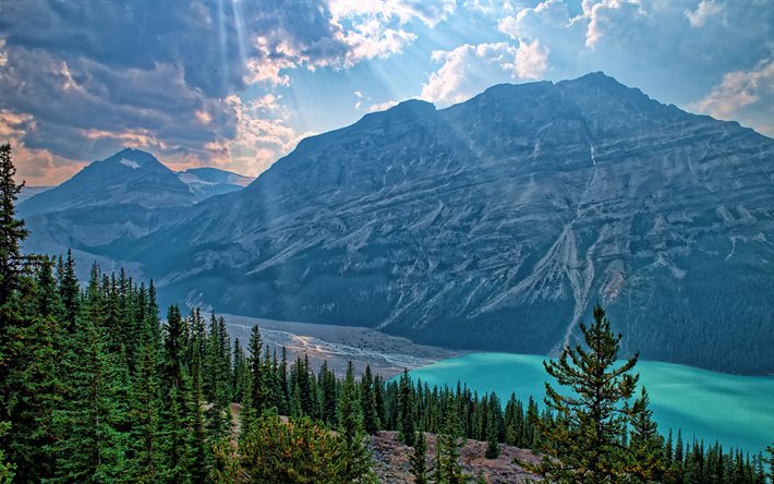 4k, Lago Peyto, tempo ensolarado, ver&#227;o, Banff, montanhas, Parque Nacional de Banff, Canad&#225;, Alberta, HDR, bela natureza